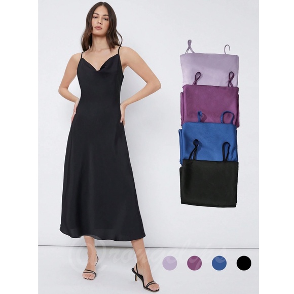 Black Satin Cami Dress Midi Adjustable Spaghetti Straps - Picture 6 of 8